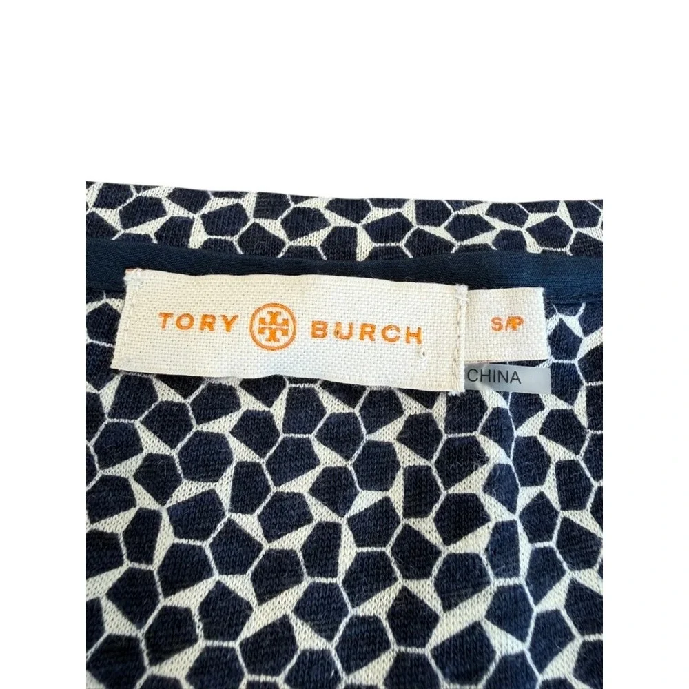 Tory Burch Navy‎ White Geometric Linen Silk Mixed Media V-Neck Blouse Size S